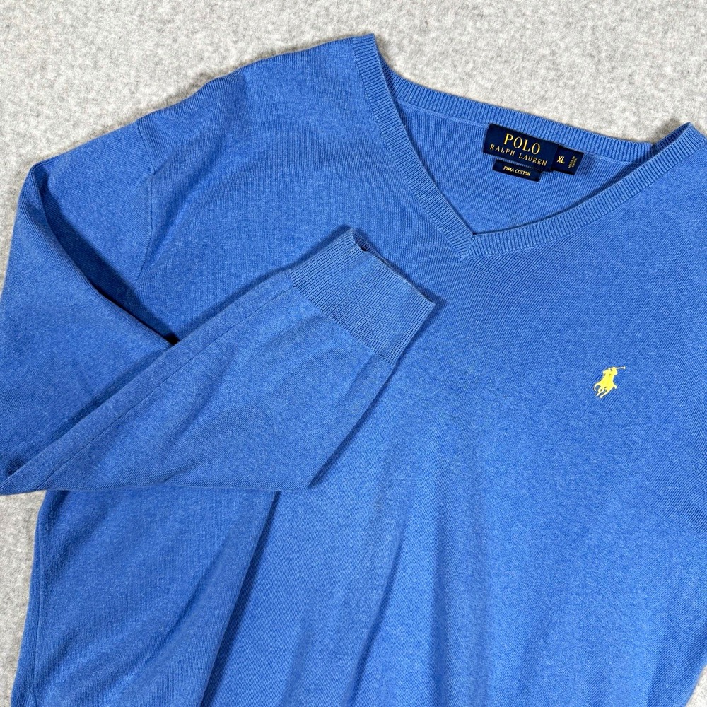 Polo Ralph Lauren Men's Pima Cotton V-Neck Knit Pullover Pony Logo XL Blue